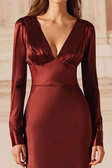 Suzhoufashion Burgundy Satin V-Neck Mermaid Long Sleeves Evening Dress With Ruffles