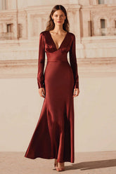Suzhoufashion Burgundy Satin V-Neck Mermaid Long Sleeves Evening Dress With Ruffles