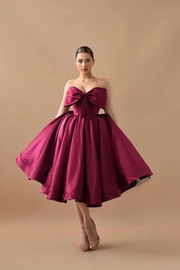 Burgundy Strapless Homecoming Dress A Line Satin Tea Length Formal Dresses