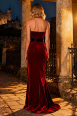 Suzhoufashion Burgundy Strapless Mermaid Long Velvet Holiday Party Dress With Bow