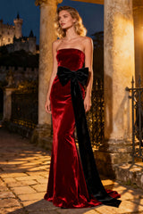 Suzhoufashion Burgundy Strapless Mermaid Long Velvet Holiday Party Dress With Bow