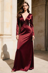 Suzhoufashion Burgundy V-Neck Mermaid Long Satin Evening Dress With Sleeves