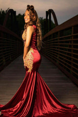 Burgundy V Neck Prom Dress Sleeveless Mermaid Appliqued Evening Formal Dress
