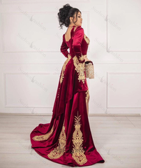 Burgundy Velvet Christmas Party Dress Lace Appliques Long Sleeve Formal Dress With Detachable Train