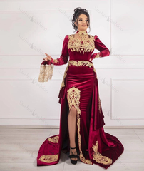 Burgundy Velvet Christmas Party Dress Lace Appliques Long Sleeve Formal Dress With Detachable Train