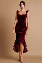 Burgundy Velvet Mermaid Midi Prom Dress With Ruffles