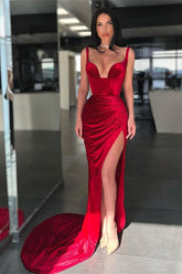 Burgundy Velvet Straps Mermaid Evening Prom Dresses Sleeveless Long With Slit
