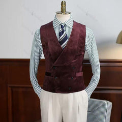 Burgundy Velvet Three Piece Notched Lapel Prom Suit