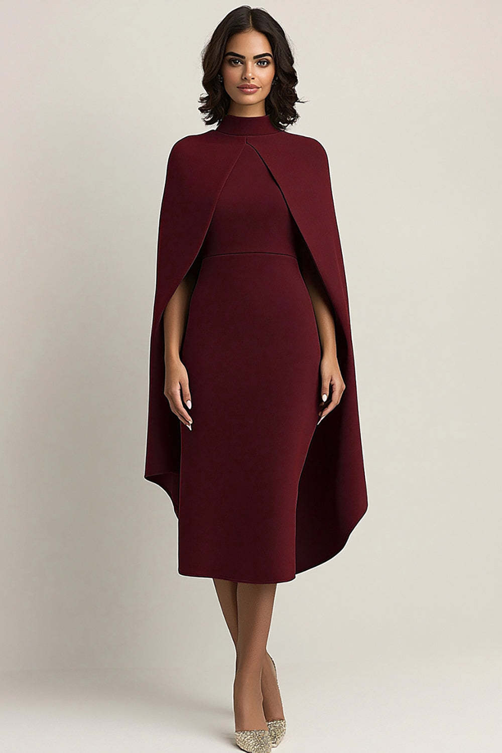 Suzhoufashion Burgundy Wedding Guest Dress High Neck Sheath Formal Dress With Shawl suzhoufashion Suzhoufashion Burgundy Wedding Guest Dress High Neck Sheath Formal Dress With Shawl suzhoufashion