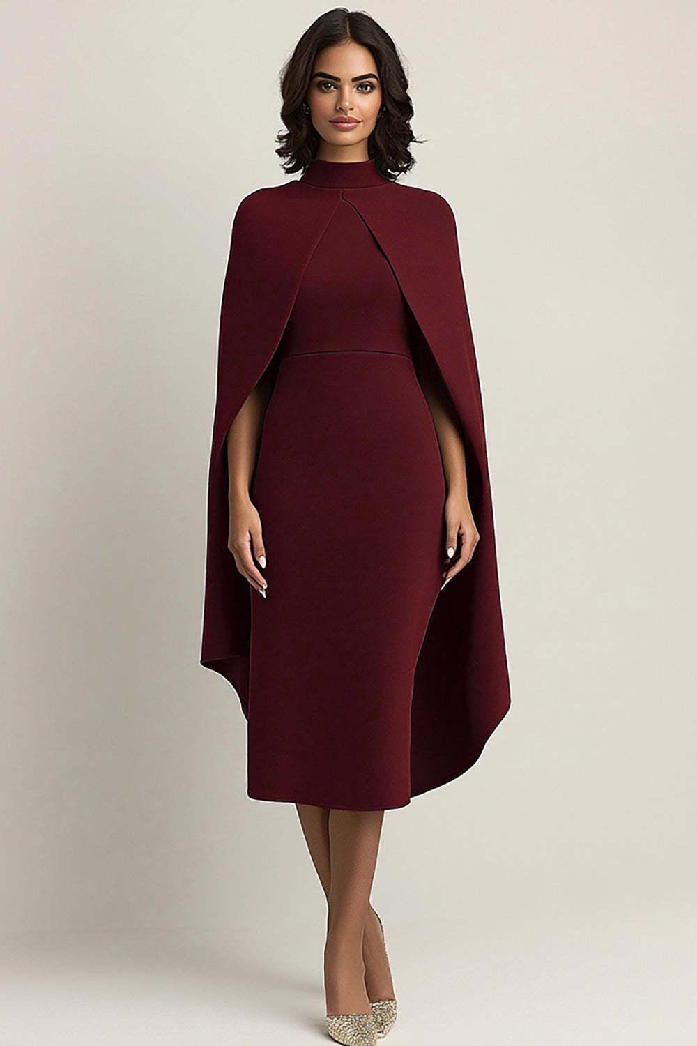 Suzhoufashion Burgundy Wedding Guest Dress High Neck Sheath Formal Dress With Shawl