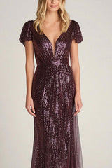 Burgundy Wedding Guest Dress Long Sheath Ankle Neck Formal Dress With Cap Sleeves