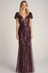 Burgundy Wedding Guest Dress Long Sheath Ankle Neck Formal Dress With Cap Sleeves