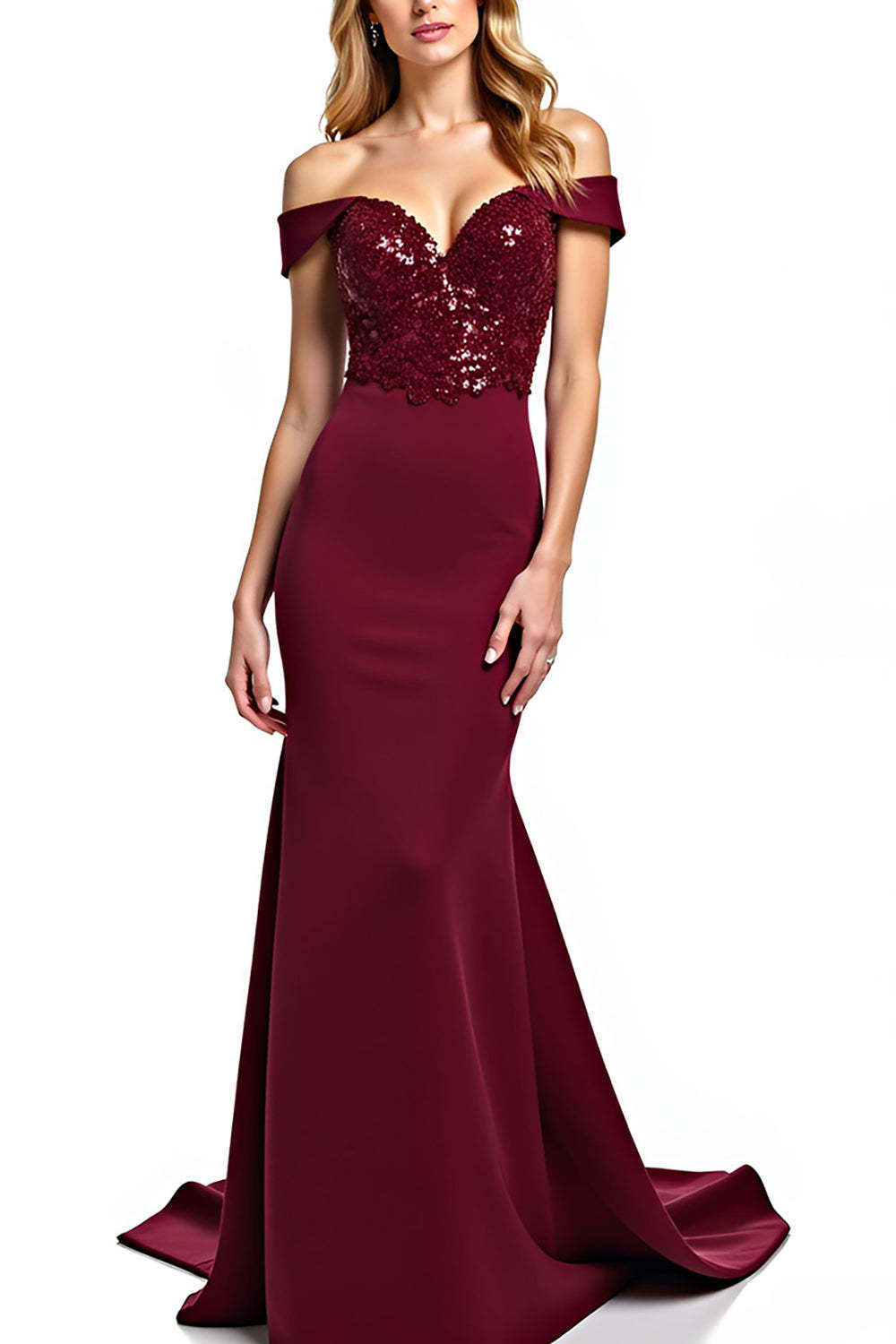 Suzhoufashion Burgundy Wedding Guest Dress Mermaid Off The Shoulder Long Formal Dress With Sequins