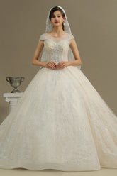 Cap Sleeve Aline Cathedral wedding dress Tulle Lace Appliques Garden Bridal Gown