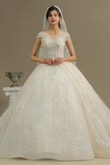 Cap Sleeve Aline Cathedral wedding dress Tulle Lace Appliques Garden Bridal Gown