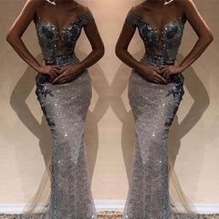 Cap Sleeves Floor Length Mermaid Prom Dresses | Gorgeous Sequins One-Shoulder V-Neck Dresses