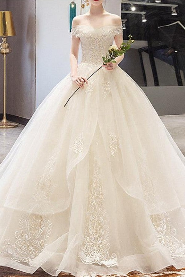 Casual Plus Size A-Line Wedding Dresses Off Shoulder Lace Sleeveless Bridal Gowns with Court Train | Suzhoufashion Casual Plus Size A-Line Wedding Dresses Off Shoulder Lace Sleeveless Bridal Gowns with Court Train | Suzhoufashion