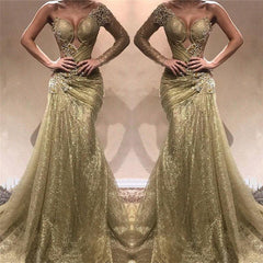 Champagne Gold One Sleeve Sexy Prom Dresses | Appliques Ruffles Evening Gowns