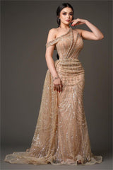 Champagne Gold Prom Dress One Shoulder Sleeveless Evening Formal Dress With Bead Embroidery