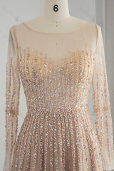 Champagne Long Sleeve Prom Dress Tulle Jewel Neck A Line Evening Formal Dress With Appliques