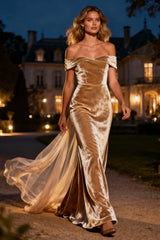 Champagne Mermaid Velvet Off The Shoulder Long Holiday Party Dress With Cape