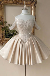 Champagne Pearl Beaded Sheer Corset Mini Homecoming Dress Illusion Sleeves & Satin Ball Gown