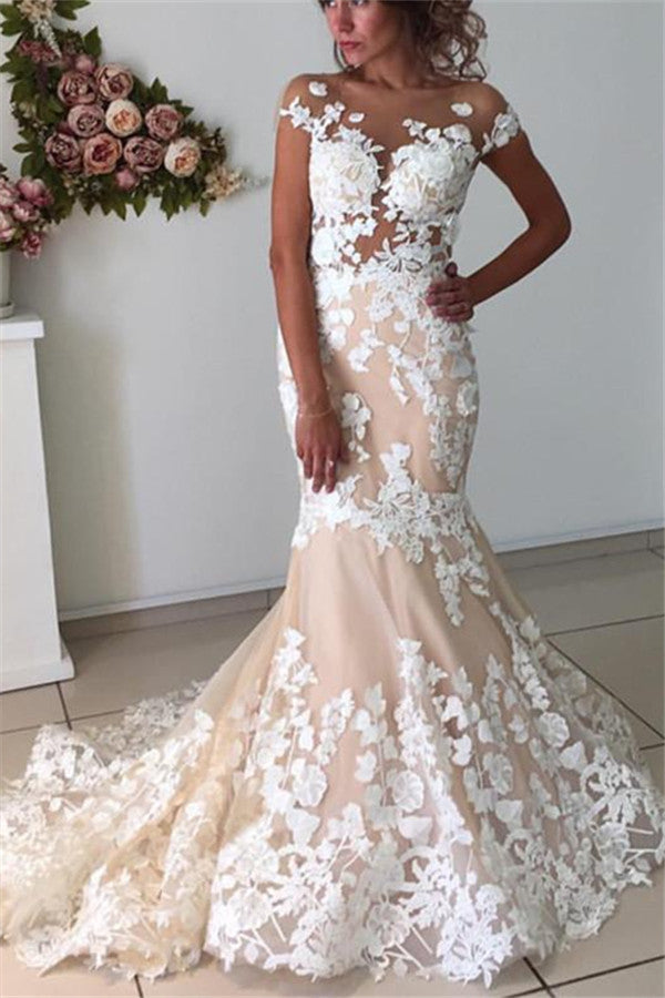 Champagne Pink Lace Appliques Wedding Dresses | Short Sleeves Mermaid Backless Bridal Dress