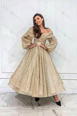 Champagne Prom Dress A Line Off The Shoulder Sleeves Formal Dress With Glitter