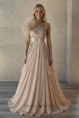 Champagne Prom Dress A Line One Shoulder Beaded Sleeveless Formal Dress