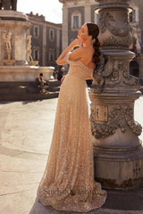 Champagne Prom Dress A Line Strapless Off The Shoulder Sleeveless Sequined Tulle Formal Dress