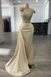 Champagne Prom Dress Column Spaghetti Strap Sweetheart Panel Train Satin Formal Dress