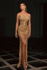 Champagne Prom Dress Column Strapless Sleeveless Beaded Slit Tulle Formal Dress