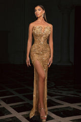 Champagne Prom Dress Column Strapless Sleeveless Beaded Slit Tulle Formal Dress