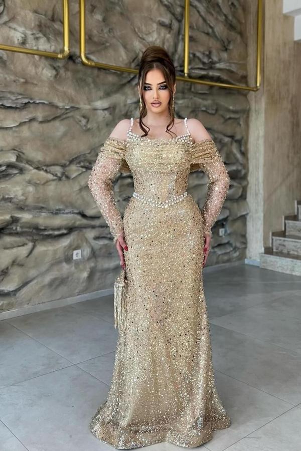 Champagne Prom Dress Mermaid Off The Shoulder Sequined Tulle Formal Dress With Pearls Champagne Prom Dress Mermaid Off The Shoulder Sequined Tulle Formal Dress With Pearls