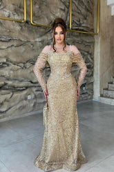 Champagne Prom Dress Mermaid Off The Shoulder Sequined Tulle Formal Dress With Pearls