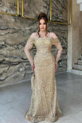 Champagne Prom Dress Mermaid Off The Shoulder Sequined Tulle Formal Dress With Pearls