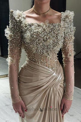 Champagne Prom Dress Mermaid Square Beaded Sleeve Satin Formal Dress