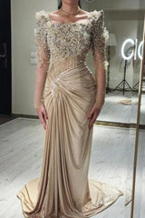 Champagne Prom Dress Mermaid Square Beaded Sleeve Satin Formal Dress