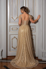 Champagne Prom Dress Mermaid Sweetheart Cap Sleeves Sequined Tulle Formal Dress With High Slit