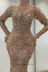 Champagne Prom Dress Mermaid V Neck Beaded Sleeve Formal Dress With Pearls And Rhinestone