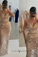 Champagne Prom Dress Sequined Beads Sleeveless Formal Dress