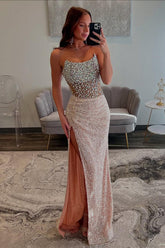 Champagne Prom Dress Strapless Sheath Beaded Long Formal Dress With Slit