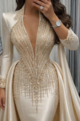 Champagne Satin Mermaid Prom Dress with Plunging V Neck and Beaded Fringe