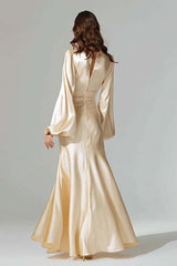 Suzhoufashion Champagne Satin Mermaid V-Neck Long Prom Dress With Sleeves