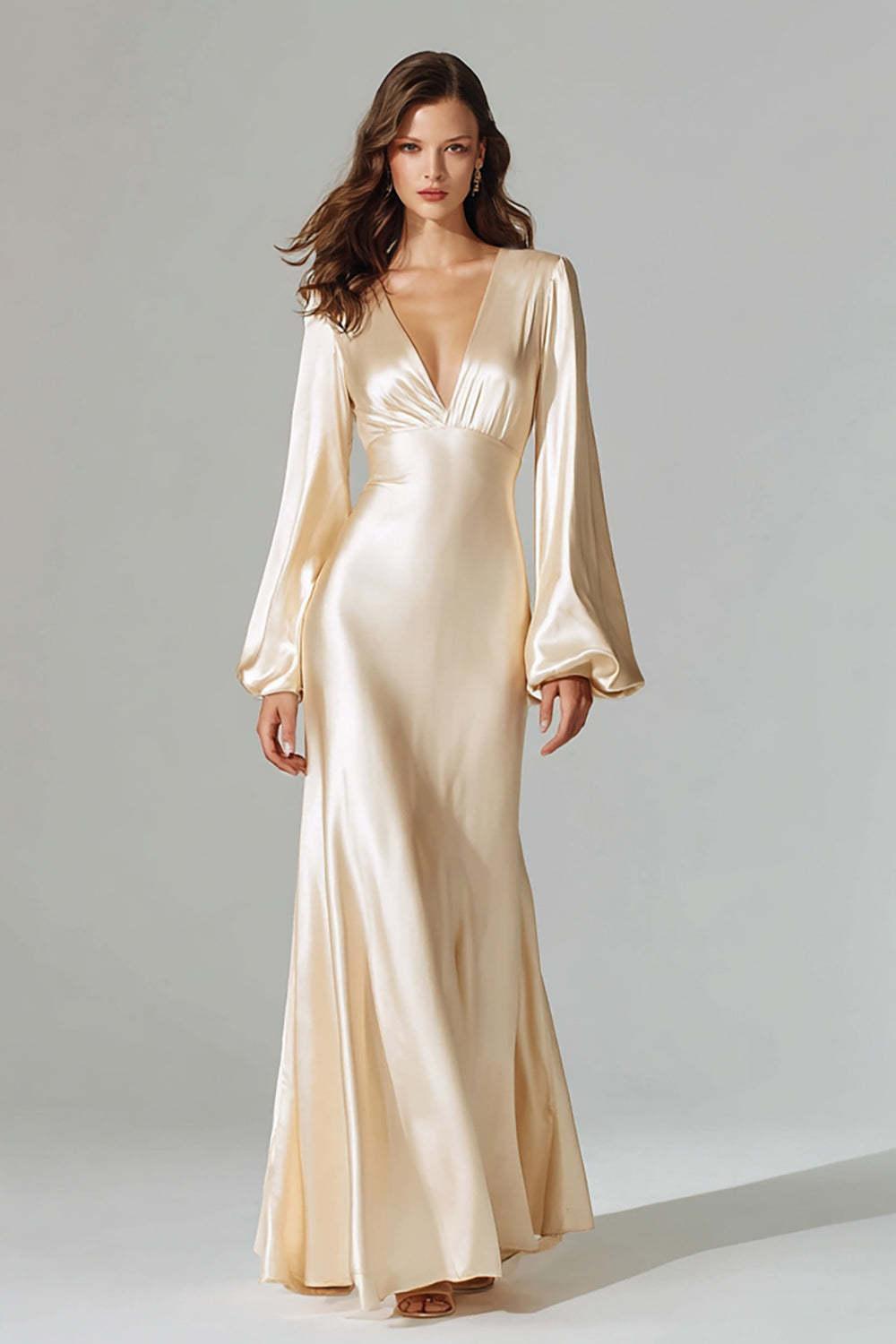 Suzhoufashion Champagne Satin Mermaid V-Neck Long Prom Dress With Sleeves