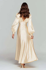 Suzhoufashion Champagne Satin V-Neck Backless Long Evening Dress With Sleeves
