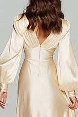 Suzhoufashion Champagne Satin V-Neck Backless Long Evening Dress With Sleeves