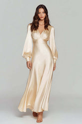 Suzhoufashion Champagne Satin V-Neck Backless Long Evening Dress With Sleeves