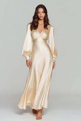 Suzhoufashion Champagne Satin V-Neck Backless Long Evening Dress With Sleeves