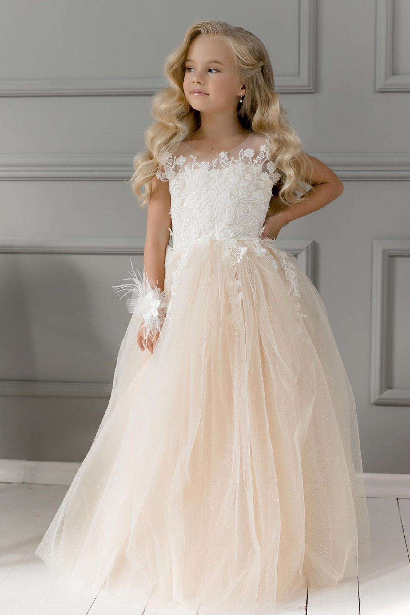 Champagne Shinning Sleeveless Ball Gown Flower Girls Dress With Lace